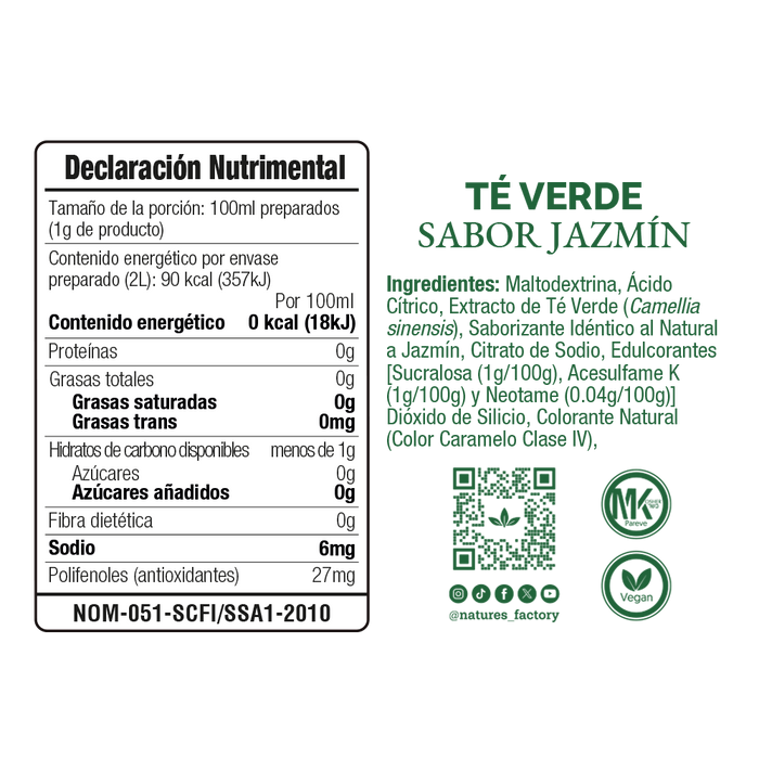 Nature’s Factory • Té Verde en Polvo Sabor Jazmín bajo en Calorías / 10 pzas.