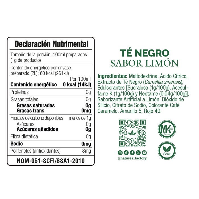 Nature’s Factory • Té Negro en Polvo Sabor Limón bajo en Calorías / 10 pzas.