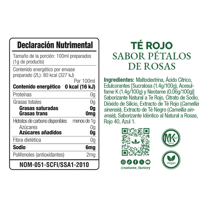 Nature’s Factory • Té Rojo en Polvo Sabor Pétalos de Rosa bajo en Calorías / 10 pzas.