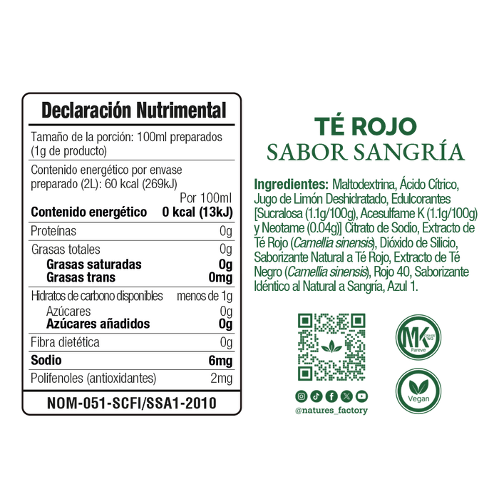 Nature’s Factory • Té Rojo en Polvo Sabor Sangría bajo en Calorías / 10 pzas.