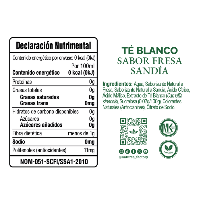 Nature’s Factory • Té Blanco Sabor Fresa Sandía Sin Azúcar | 12 piezas