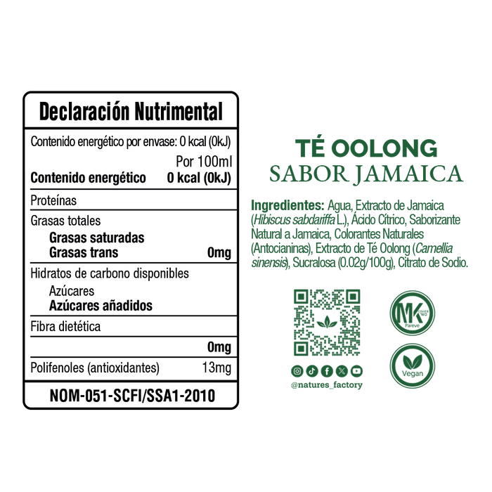 Nature’s Factory • Té Oolong Sabor Jamaica Sin Azúcar | 12 piezas