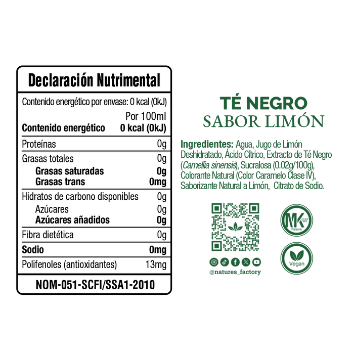 Nature’s Factory • Té Negro Sabor Limón Sin Azúcar | 12 piezas