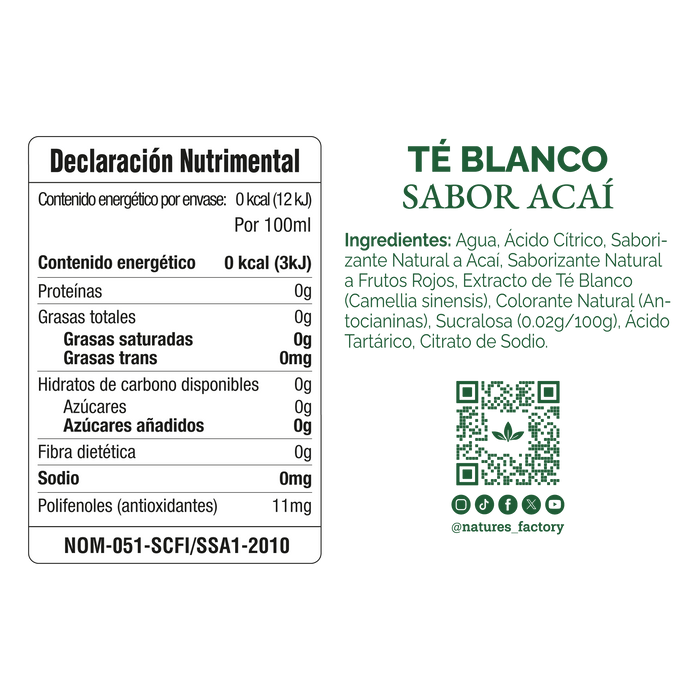Nature’s Factory • Té Blanco Sabor Acaí Sin Azúcar en Lata | 12 piezas